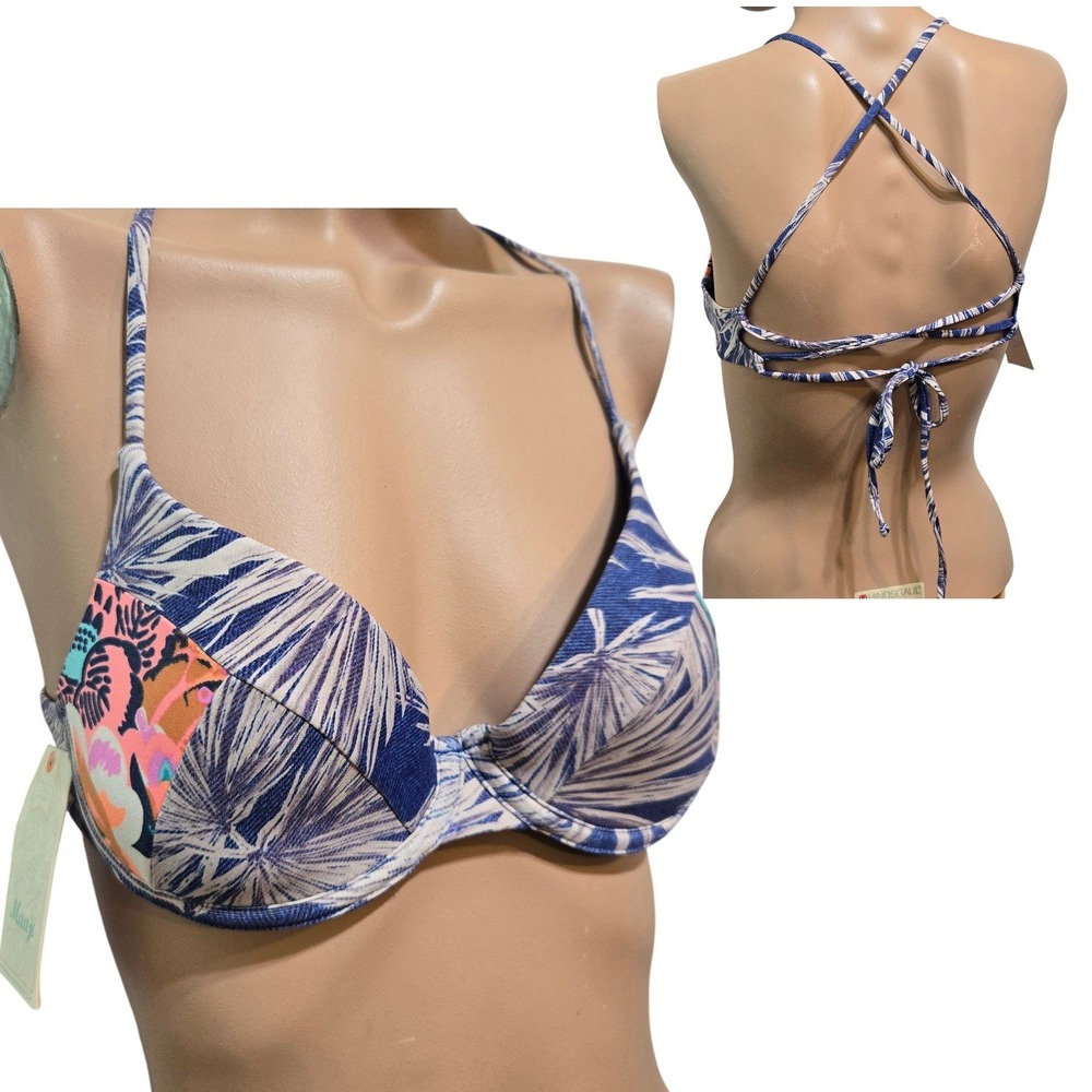 Maaji Bikini Top only Women Medium Blue Tropical Reversible Underwire Padded NEW